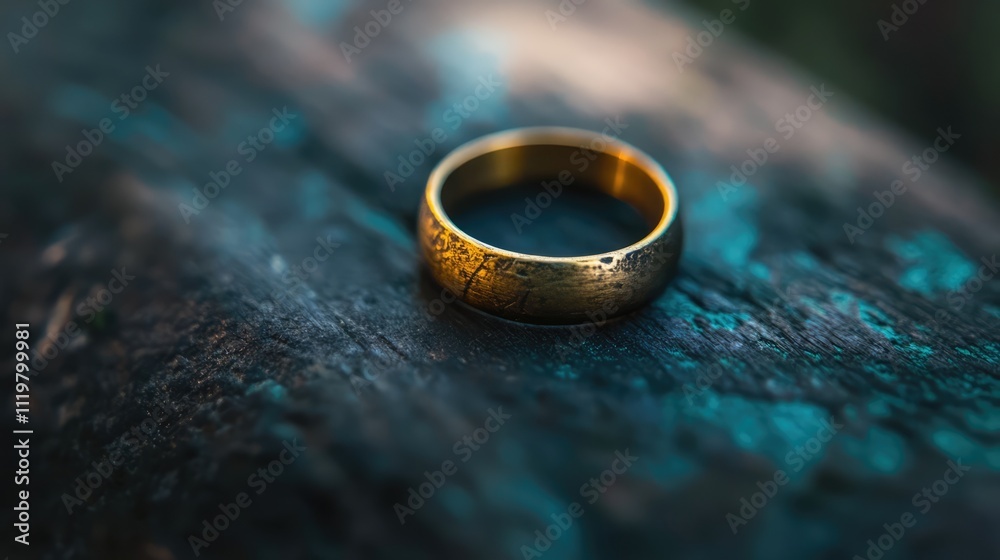 Macro Shot of Elegant Gold Ring on Rustic Wooden Surface with Natural Lighting Highlights Macro Shot of Elegant Gold Ring on Rustic Wooden Surface with Natural Lighting Highlights
