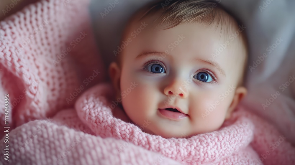 Adorable baby in a soft pink knitted blanket with bright blue eyes and a charming smile, capturing innocence and warmth in a close-up portrait. Adorable baby in a soft pink knitted blanket with bright blue eyes and a charming smile, capturing innocence and warmth in a close-up portrait.