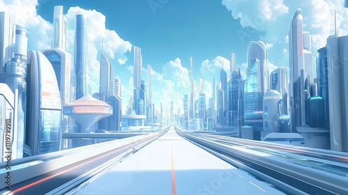 The background of the futuristic city is a blue sky with white clouds, with tall buildings on both sides of high-tech roads. 