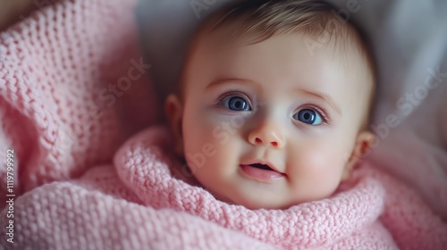 Adorable baby in a soft pink knitted blanket with bright blue eyes and a charming smile, capturing innocence and warmth in a close-up portrait.