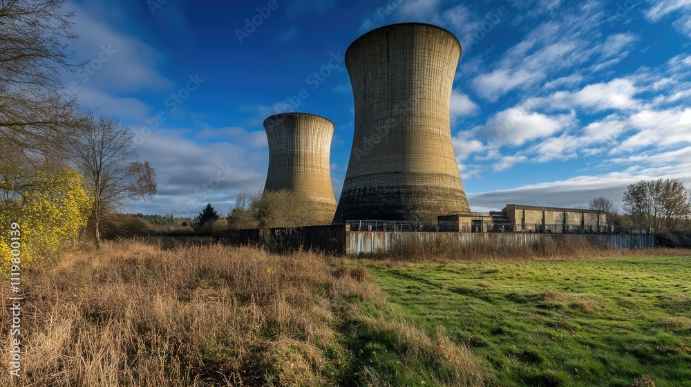 Coal Fired Power Plant Cooling Towers Under a Clear Blue Sky Surrounded by Lush Greenery and Natural Landscape Coal Fired Power Plant Cooling Towers Under a Clear Blue Sky Surrounded by Lush Greenery and Natural Landscape