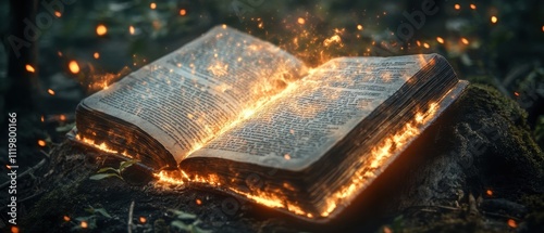 Ancient book with glowing pages revealing secrets in a mystical environment photo
