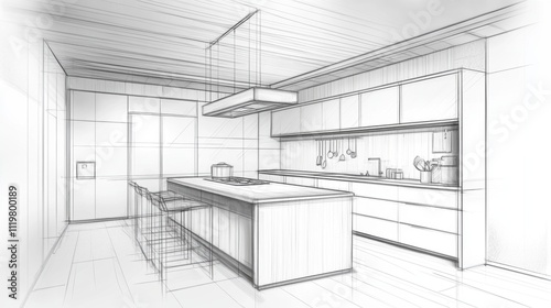 Minimalist kitchen design sketch showcasing clean lines and open space.
