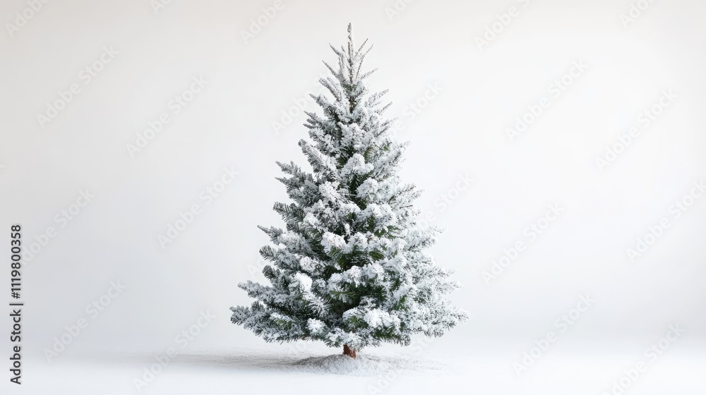 Snowy artificial Christmas tree isolated on a white background perfect for holiday decor and seasonal celebrations.