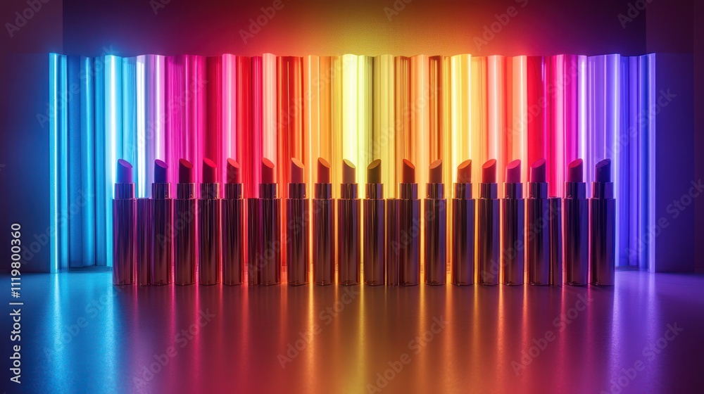 A row of colorful lipsticks illuminated by a wall of neon lights. A row of colorful lipsticks illuminated by a wall of neon lights.
