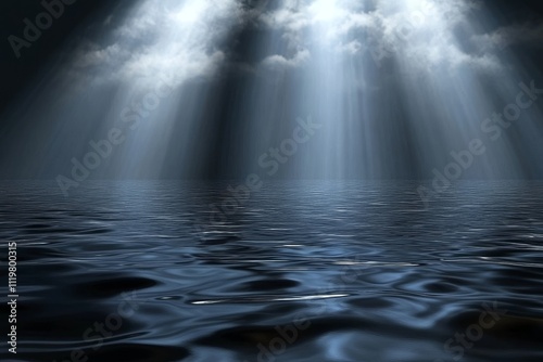 Serene Reflections on Calm Water with Rays of Light Breaking Through Dramatic Clouds in a Darkened Sky Over an Expansive Ocean Scene