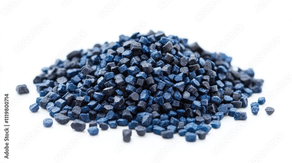 Dark blue masterbatch granules in various sizes, isolated on a clean white background, emphasizing texture and color diversity, industrial materials, plastic manufacturing, raw materials.
