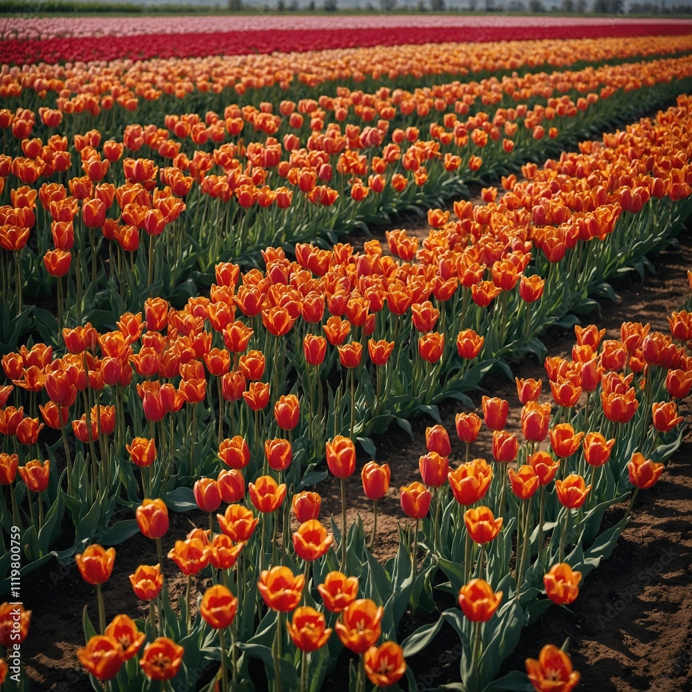Rows of tulips in an immaculately arranged flower farm.
Rows of tulips in an immaculately arranged flower farm.