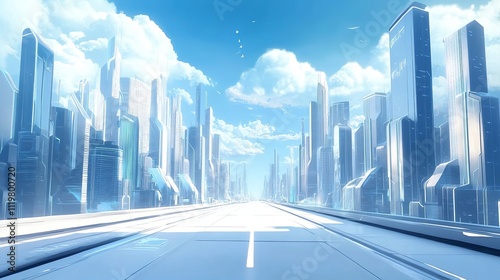 The background of the futuristic city is a blue sky with white clouds, with tall buildings on both sides of high-tech roads. 