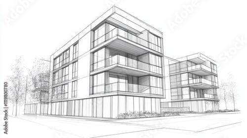 Architectural sketch of modern residential buildings, highlighting their sleek design and open spaces.