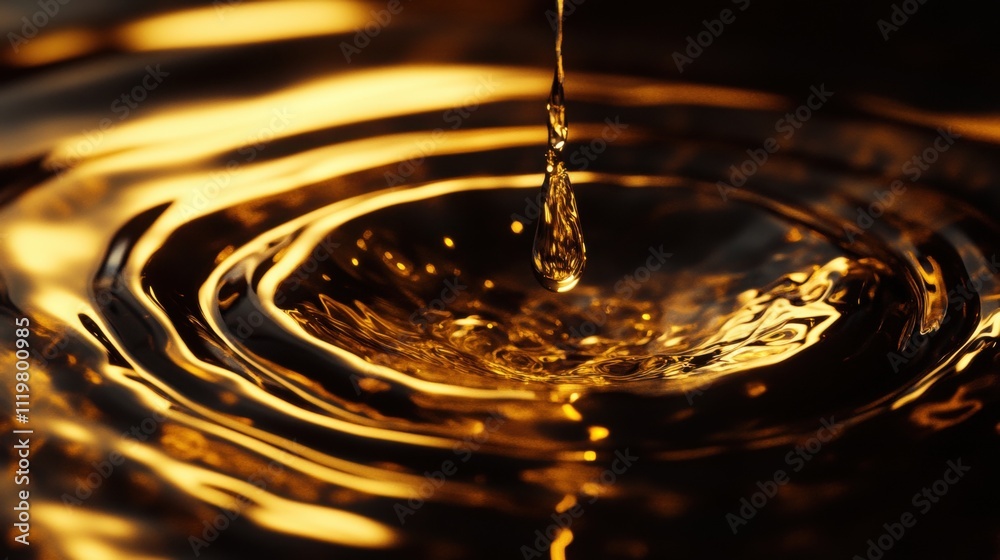 Close-up of a golden water droplet creating ripples in a dark, reflective surface. Close-up of a golden water droplet creating ripples in a dark, reflective surface.