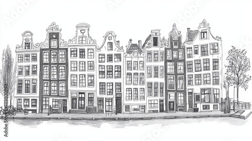 Illustration of traditional Dutch canal houses, showcasing distinctive gables and charming architecture in a monochrome style.