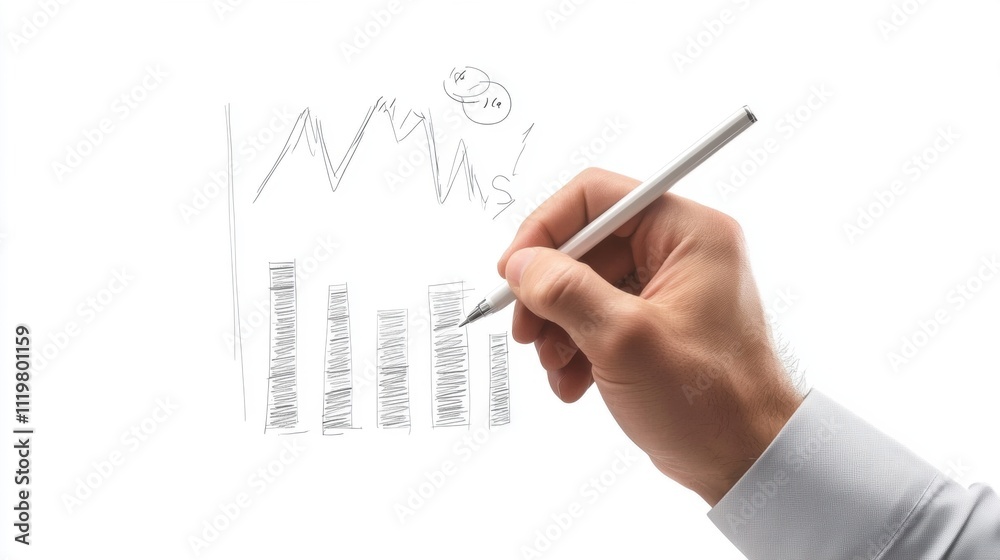 A male hand sketching a financial graph with a pen on a white background, symbolizing business growth and strategy. A male hand sketching a financial graph with a pen on a white background, symbolizing business growth and strategy.