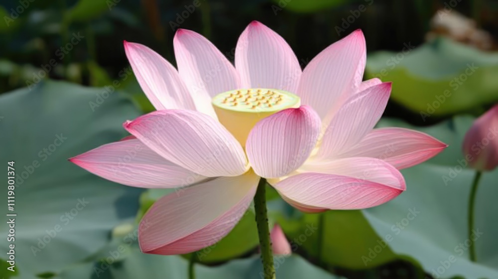 Delicate pink lotus flower in full bloom surrounded by lush green leaves in a serene water setting. Delicate pink lotus flower in full bloom surrounded by lush green leaves in a serene water setting.
