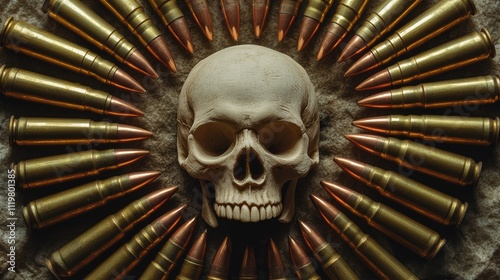 Circle of bullets surrounding a clay skull on textured background emphasizing military themes and contrasting elements of life and death