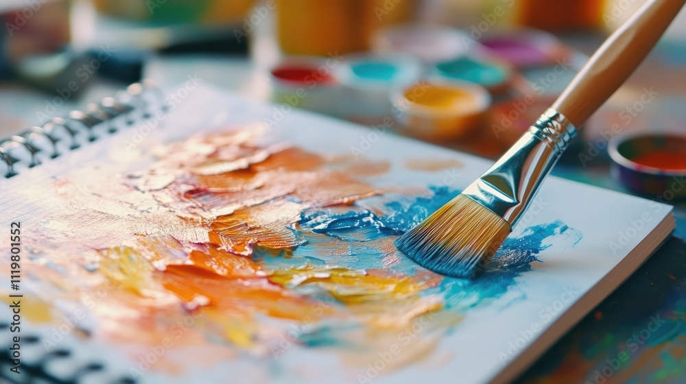 Obraz premium Creative workspace concept with paint brush and colorful palette on notebook showcasing vibrant wall sample designs for architects and designers