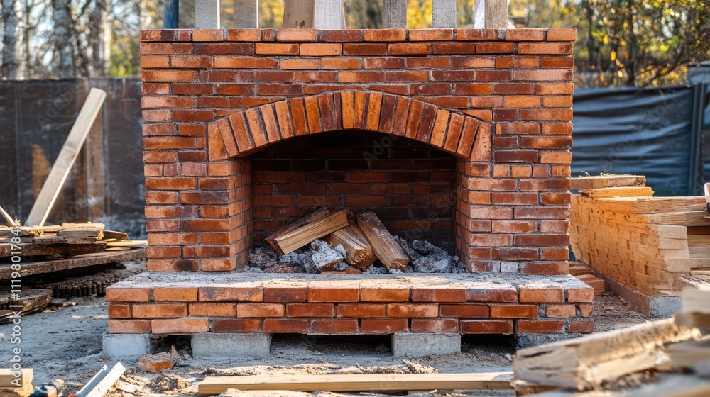 Outdoor brick fireplace under construction with stacked wooden logs and a rustic stone base at a construction site. Outdoor brick fireplace under construction with stacked wooden logs and a rustic stone base at a construction site.