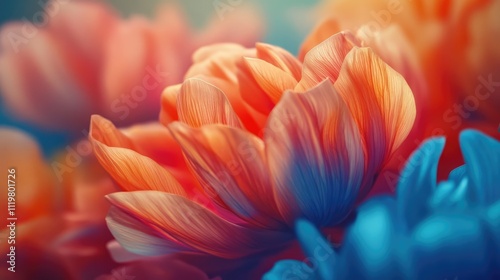 Vibrant close-up of colorful flower petals in orange and blue hues, showcasing intricate textures and soft lighting, botanical, macro, nature, floral beauty.
