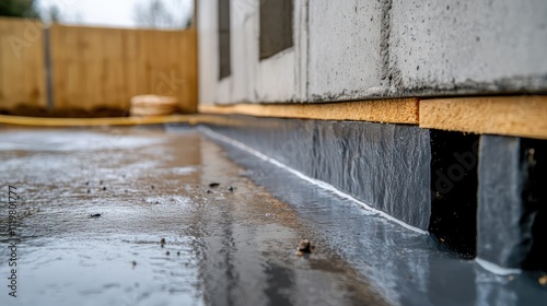 Detailed view of damp proofing installation on a house basement foundation, showcasing insulation layers, waterproof membranes, and outdoor construction environment, construction, home improvement, wa