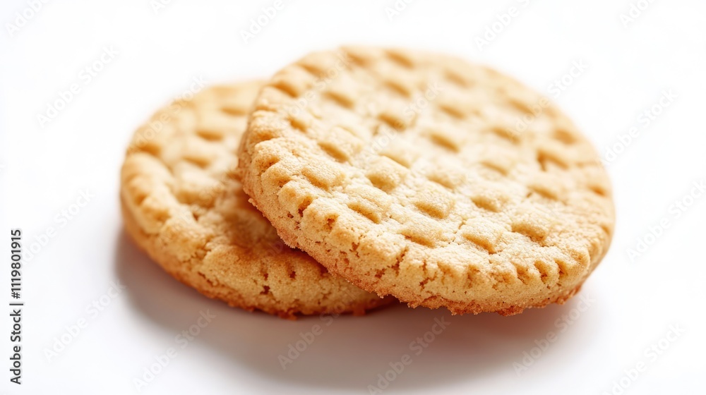 Closeup of two golden-brown cookies with a textured surface placed on a clean white background, perfect for food photography, baking, desserts, snacks, culinary concepts. Closeup of two golden-brown cookies with a textured surface placed on a clean white background, perfect for food photography, baking, desserts, snacks, culinary concepts.