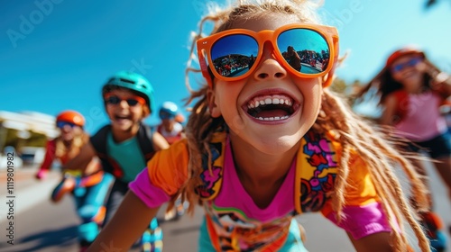 A carefree girl in bright gear roller-skates with a radiant smile under the sun, embodying joy, freedom, and the exhilaration of childhood adventure in vibrant surroundings.