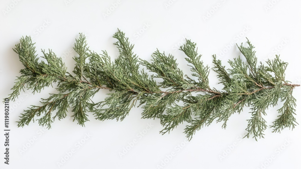 Obraz premium Christmas garland made of conifer branches on white background flat lay festive decoration with ample copy space for text