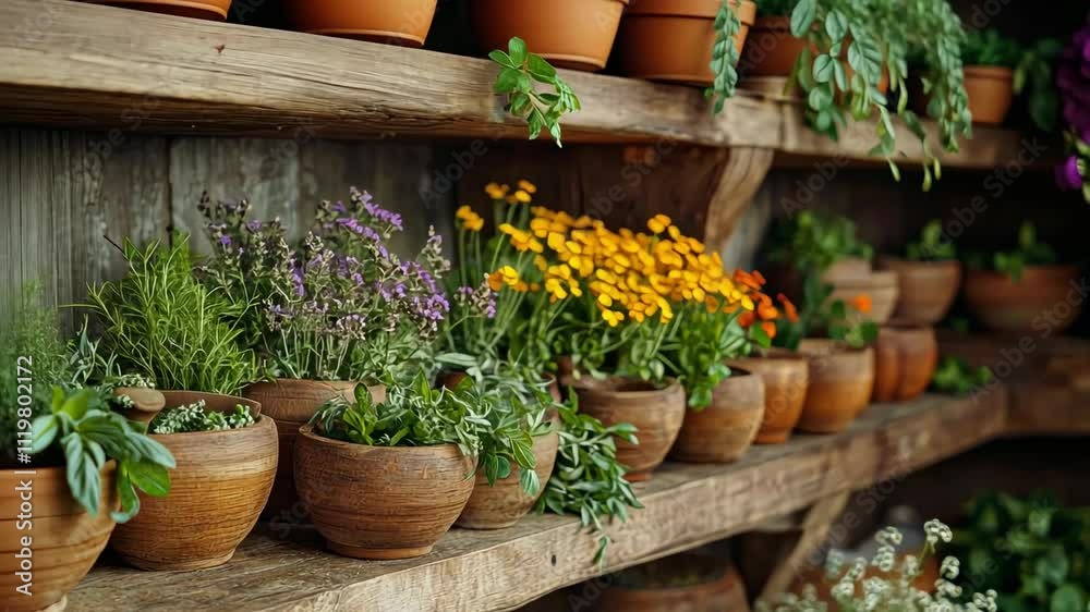 Rustic wooden shelves adorned with vibrant potted flowers creating a natural ambiance, highlighting the beauty of nature - water wellness concept
