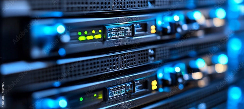Close Up View of Modern Server Rack in Data Center, Servers Stacked in Rows With Blue Light Close Up View of Modern Server Rack in Data Center, Servers Stacked in Rows With Blue Light