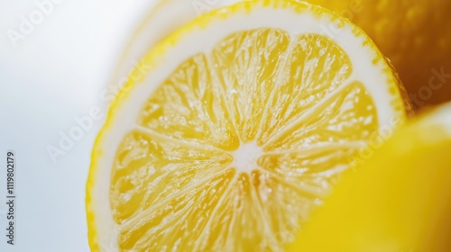 Macro shot of fresh yellow lemon slices showcasing texture and detail against a clean white background for culinary and healthy lifestyle themes.