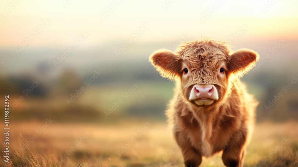 Fototapeta premium Adorable highland cow standing in a lush pasture, gazing at the camera, with a bright, vibrant background and soft focus landscape, farm animal, domestic cattle, serene nature scene.