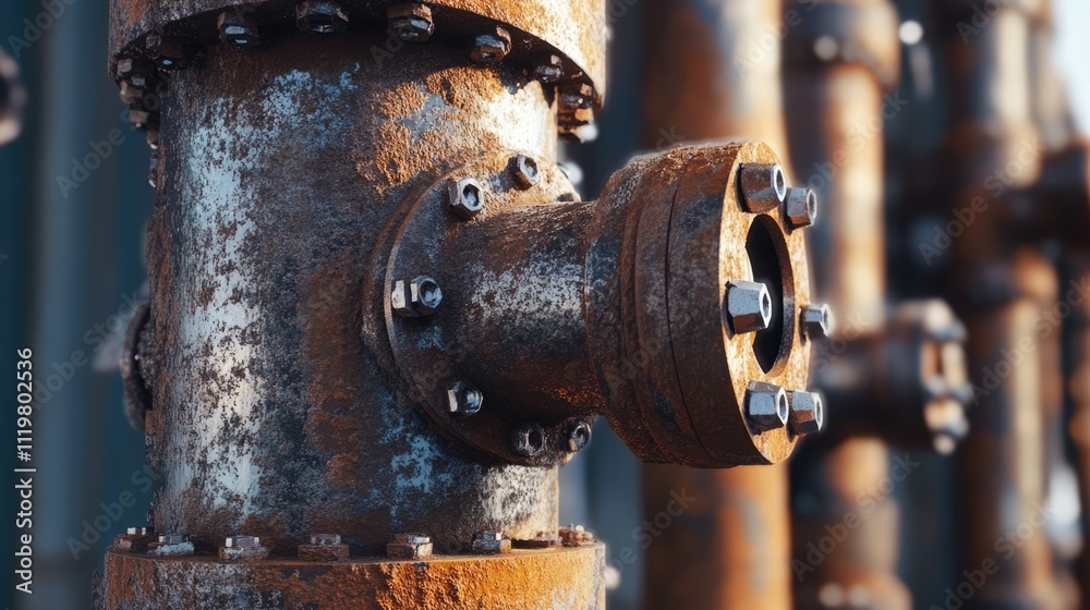 Close-up of corroded flanges and welded pipes with heavy metal bolts, showcasing signs of rust on industrial piping for fluid transport, machinery, infrastructure, metalworking, corrosion. Close-up of corroded flanges and welded pipes with heavy metal bolts, showcasing signs of rust on industrial piping for fluid transport, machinery, infrastructure, metalworking, corrosion.