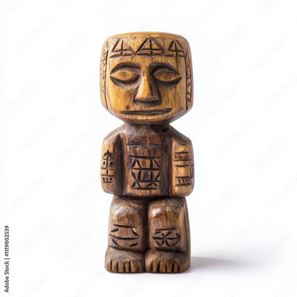 Carved wooden figurine, detailed tribal patterns, isolated on white background. Carved wooden figurine, detailed tribal patterns, isolated on white background.