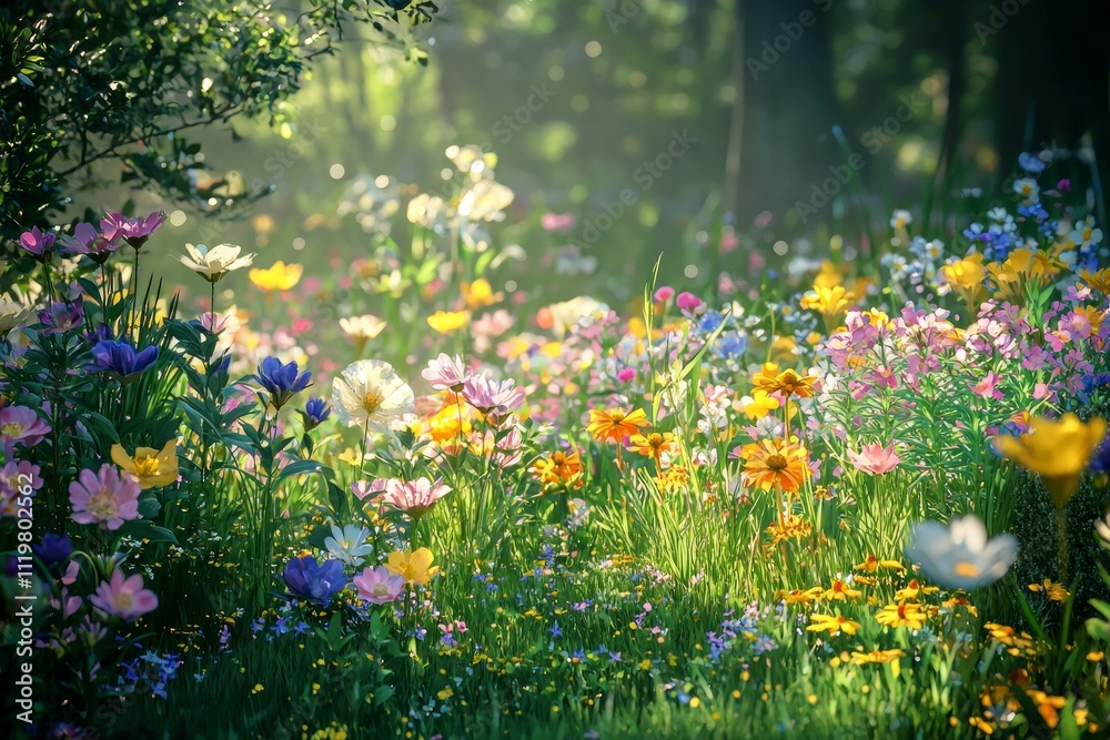 Obraz premium A vibrant garden filled with colorful wildflowers, bathed in the soft glow of sunlight, showcasing nature's beauty and diversity.
