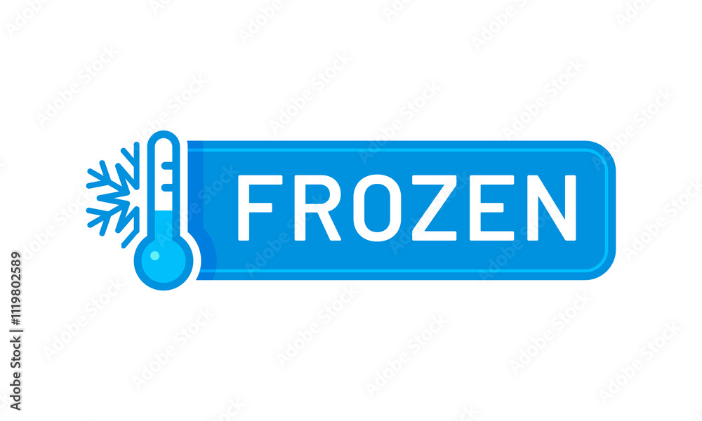 Frozen product, ice crystal blue icon or badge. Deep freezing fish packaging isolated vector tag or label. Frozen food product keep cold or refrigerated meat of seafood blue icon with thermometer Frozen product, ice crystal blue icon or badge. Deep freezing fish packaging isolated vector tag or label. Frozen food product keep cold or refrigerated meat of seafood blue icon with thermometer
