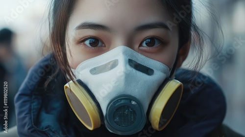 Young woman in a particulate filter respirator protecting against airborne pollutants and diseases during urban outdoor activity