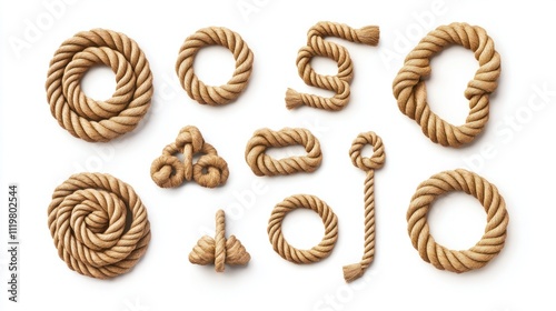 Rope decorative elements in 3D, including knots, spirals, and bows, arranged creatively, isolated on white