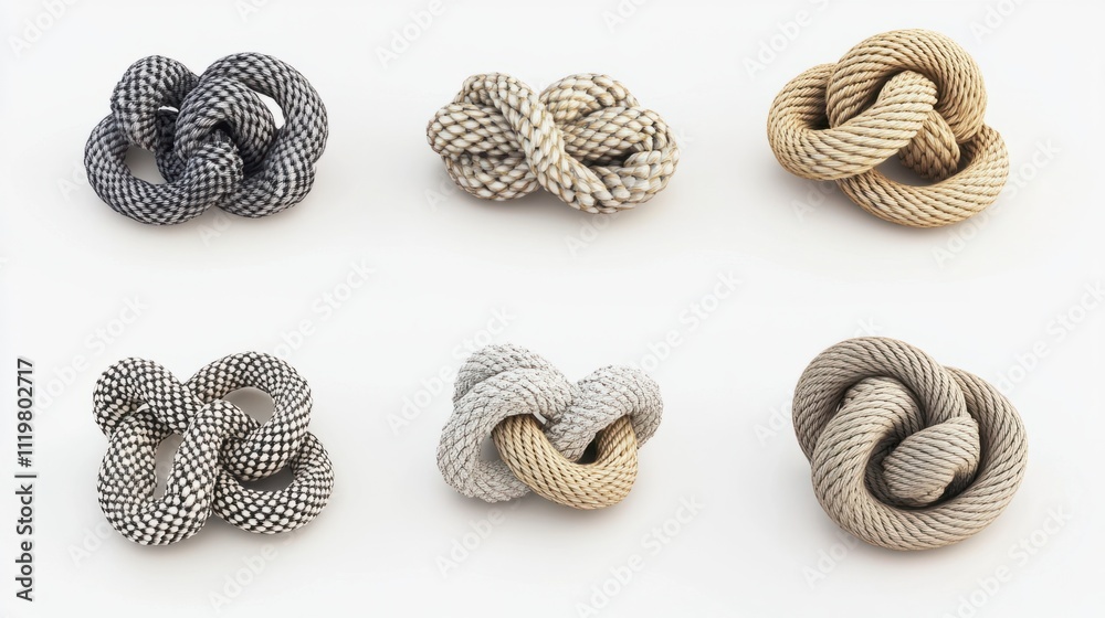 Rope knot collection in 3D, featuring figure-eight and square knots, with realistic textures, isolated on white Rope knot collection in 3D, featuring figure-eight and square knots, with realistic textures, isolated on white