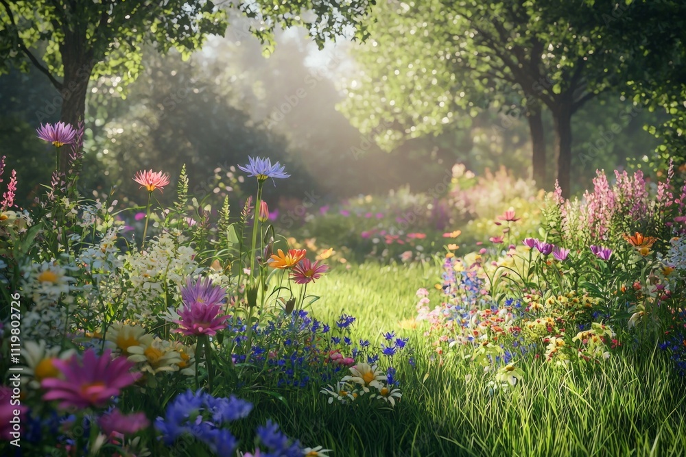 Naklejka premium A vibrant garden filled with colorful wildflowers, bathed in the soft glow of sunlight, showcasing nature's beauty and diversity.