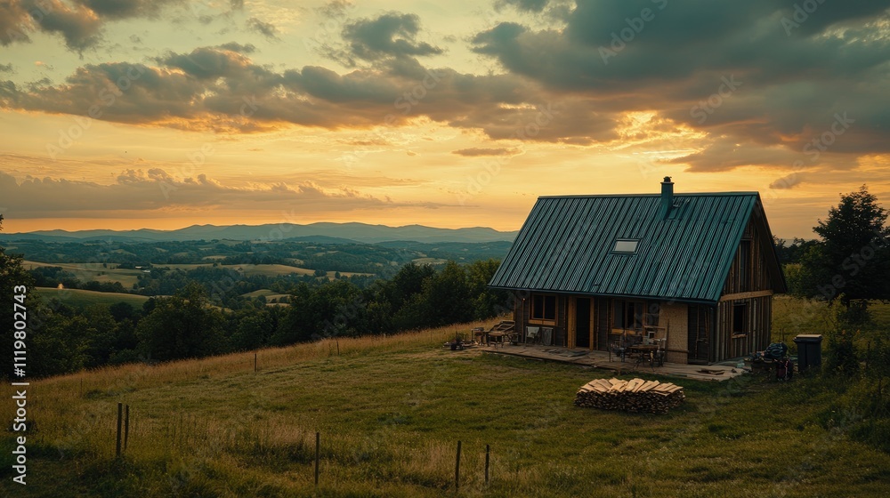 New house construction with insulation and roofing at sunset in a scenic landscape showcasing paving stones and surrounding nature. New house construction with insulation and roofing at sunset in a scenic landscape showcasing paving stones and surrounding nature.