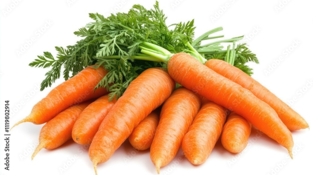Fresh vibrant carrots with green tops arranged against a clean white background showcasing healthy organic vegetables for culinary use. Fresh vibrant carrots with green tops arranged against a clean white background showcasing healthy organic vegetables for culinary use.