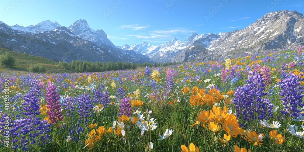 Obraz premium Vibrant Alpine Wildflower Meadow Blooming Lupines Buttercups Edelweiss Mountain Peaks