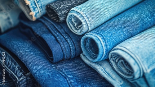 Denim Fabric Rolls Close Up Showing Various Textures and Shades Ideal for Fashion Industry Backgrounds and Sewing Concepts photo