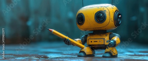 charming ai copywriting bot depicted as a friendly robot holding a pencil immersed in its task of creating engaging content for users symbolizing the future of writing