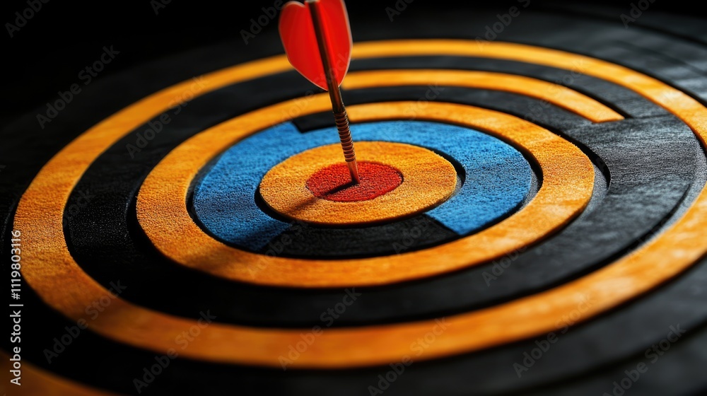 Business target achievement with dart on colorful bullseye representing KPIs performance metrics for strategic planning and success measurement Business target achievement with dart on colorful bullseye representing KPIs performance metrics for strategic planning and success measurement