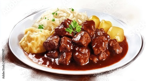 A plate of beef stew with noodles, mashed potatoes, and vegetables, showcasing a hearty meal.