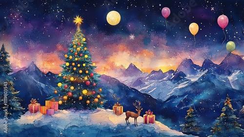 Watercolor painting of a Christmas tree in the mountains, with gifts and deer under the moonlight among snow-covered pine trees. The scene features a starry sky, bright sun rays.