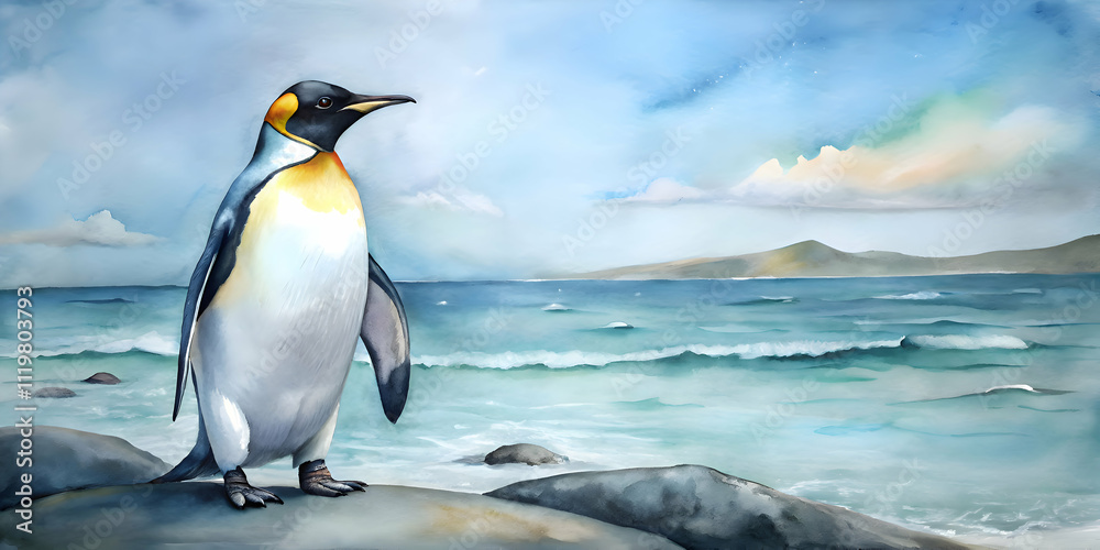 Fototapeta premium Majestic King Penguin by the Ocean Shore. A Watercolor Painting