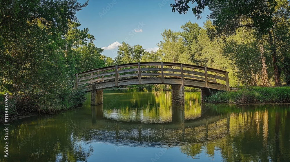 Serene wooden bridge reflected in still water surrounded by lush greenery under a clear blue sky Serene wooden bridge reflected in still water surrounded by lush greenery under a clear blue sky