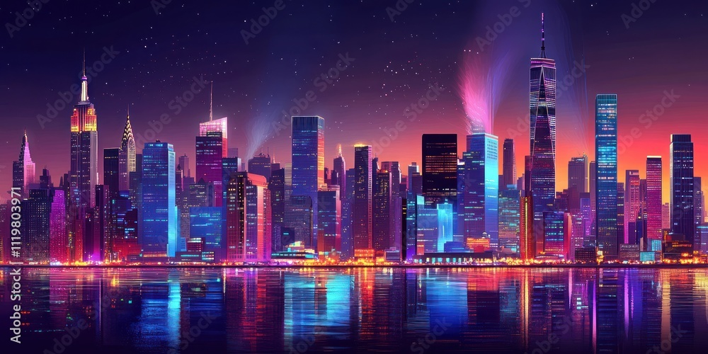 A vibrant cityscape at night, showcasing the iconic skyline with illuminated skyscraper A vibrant cityscape at night, showcasing the iconic skyline with illuminated skyscraper