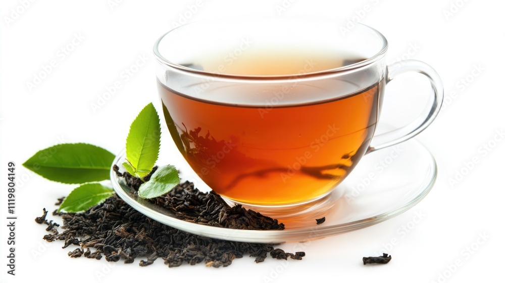 Glass cup of tea with fresh leaves and loose tea on a clean white background showcasing relaxation and beverage enjoyment Glass cup of tea with fresh leaves and loose tea on a clean white background showcasing relaxation and beverage enjoyment